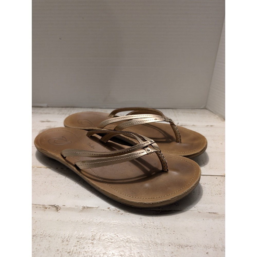 Olukai U'I Strappy Sandals Gold Black Comfort Thong Flip Flop Women 9